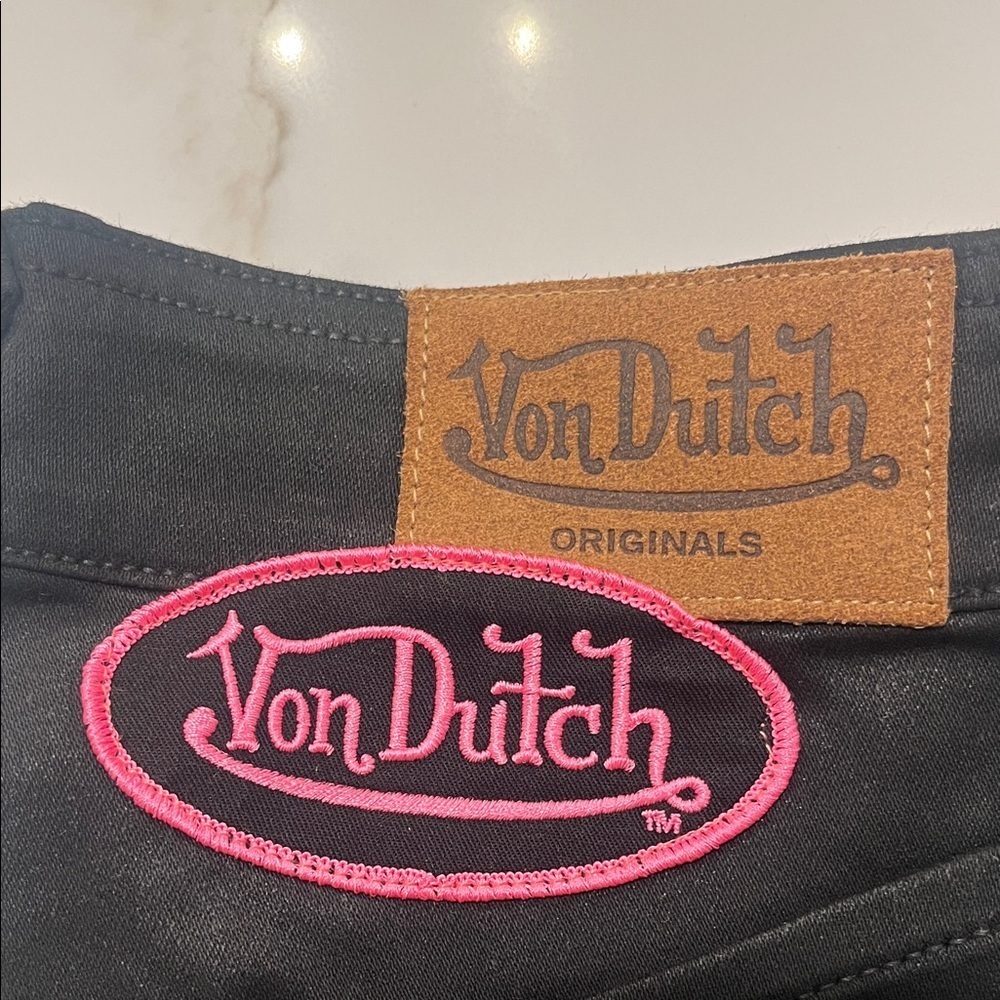VON DUTCH Y2k Pink Patch Denim Pocket Stretch Flare Low Rise Snap Zip Jeans